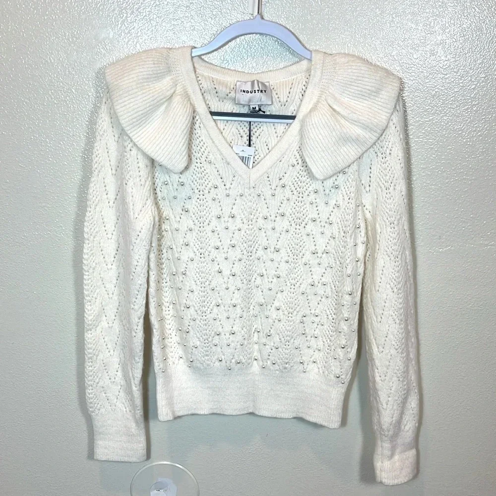 Industry Pearl Long Sleeve Ruffle Pointelle V-Neck Cable Pullover Sweater size M